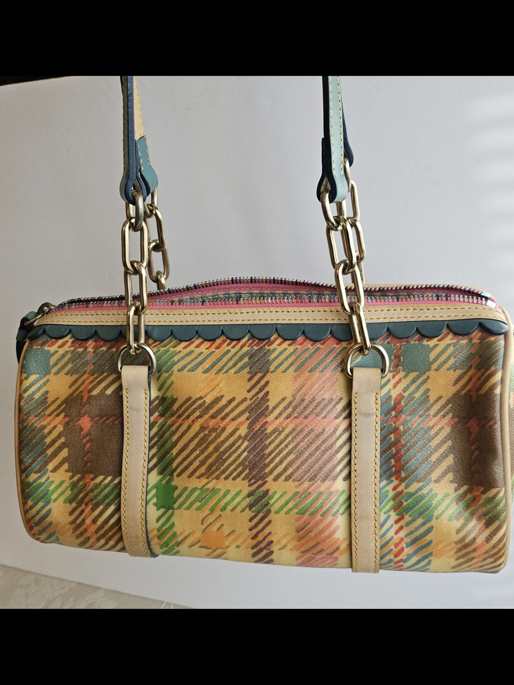 Dooney & Bourke Multicolor Plaid Satchel with Teal Trim and Pink Heart Charm - Picture 2 of 13